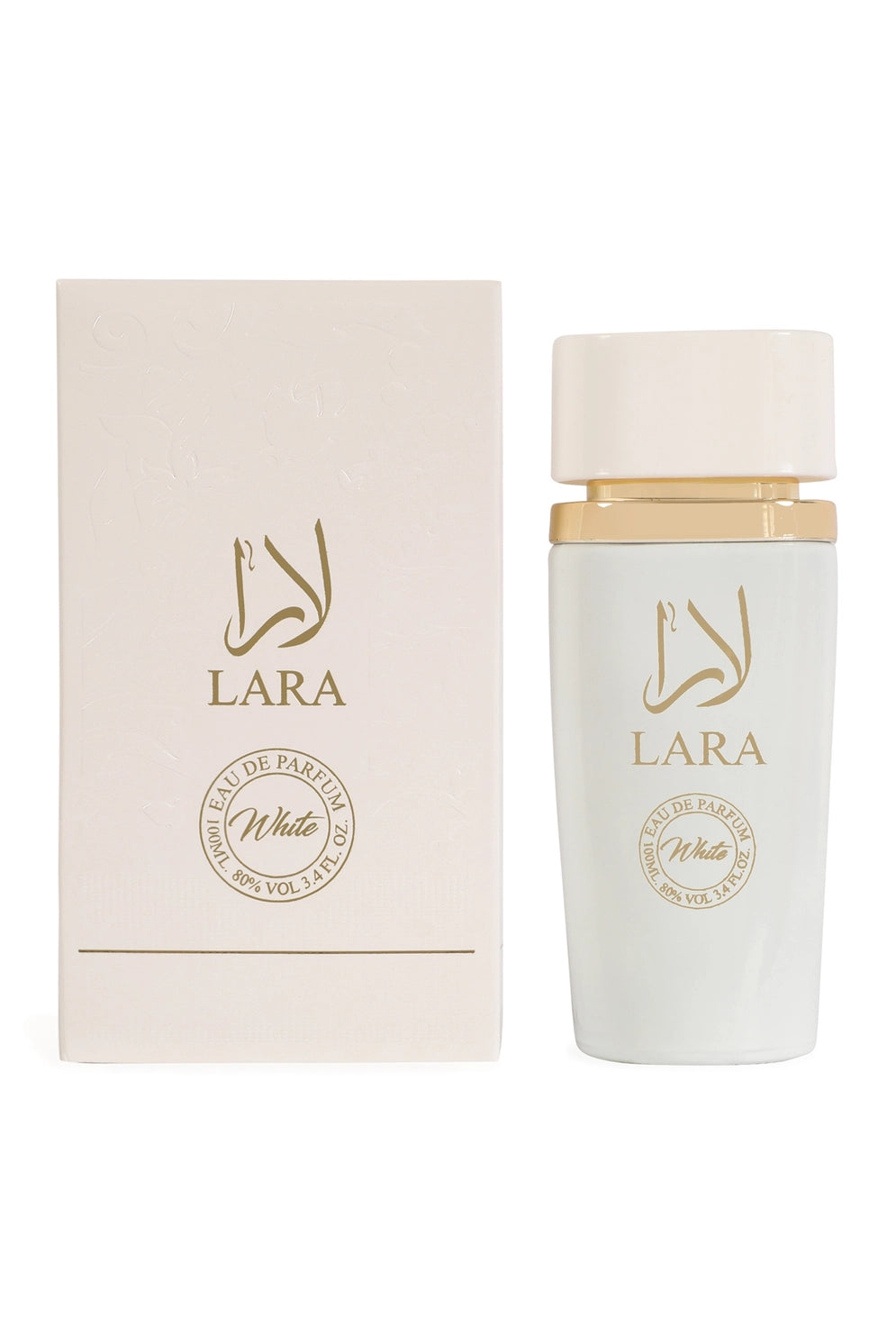 Elegant bottle of Lara White Spray Perfume Eau De Parfum, emphasizing the long-lasting formula and sophisticated aroma that uplifts the modern woman&