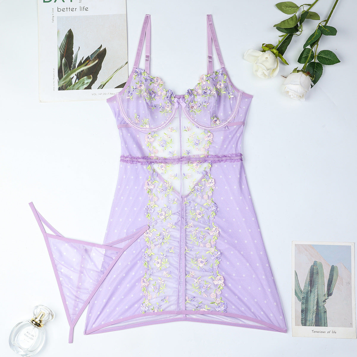 JOY-BS093 – Lavender Floral Embroidered Sheer Babydoll Dress SP BOUTIQUE