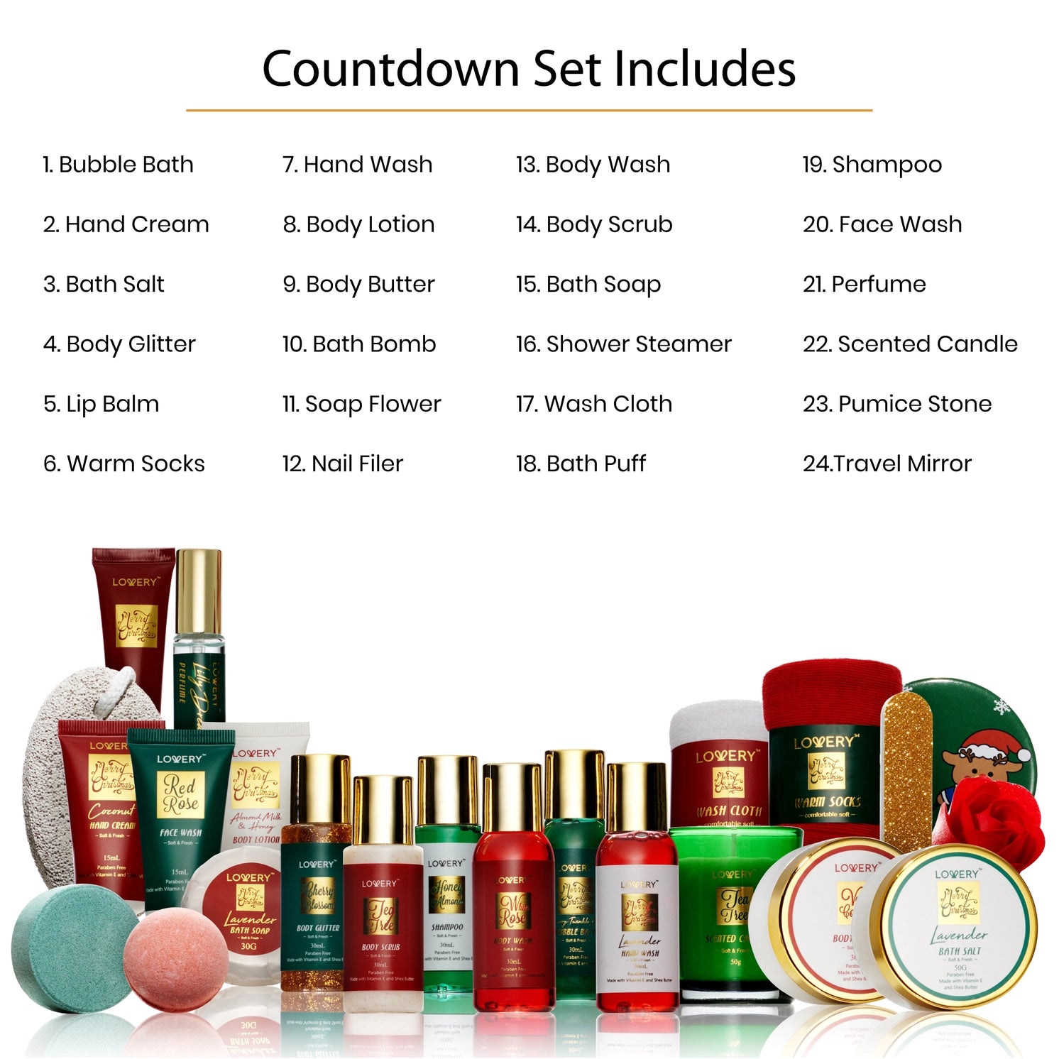 Inside view of the Advent Calendar, Christmas Countdown 2025 Limited Edition, displaying various luxurious self-care items perfect for the holiday season.