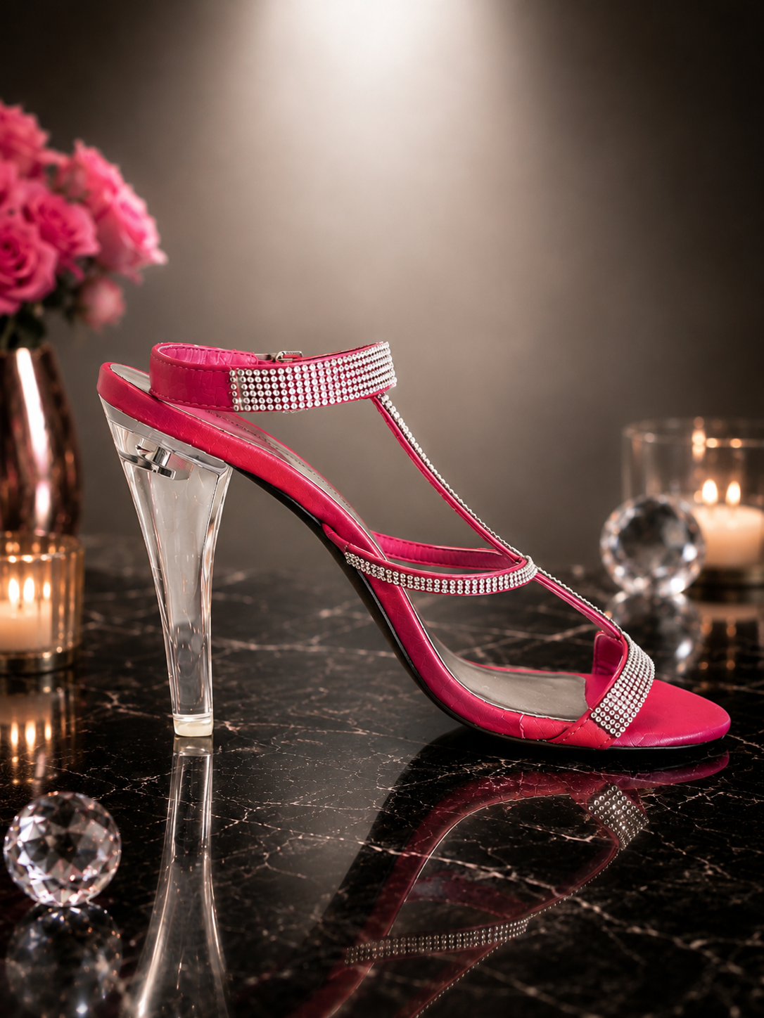 Pleaser Clearly-418 Coral Satin Rhinestone Sandals