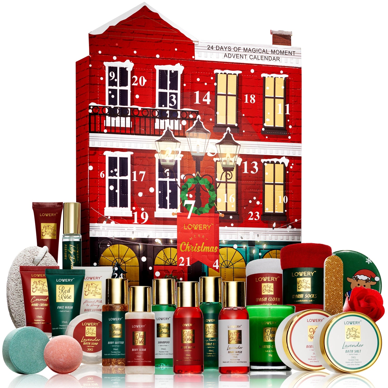 Close-up of the enchanting design of the 2025 Christmas advent calendar, offering a delightful home spa experience with a variety of bath and body essentials.