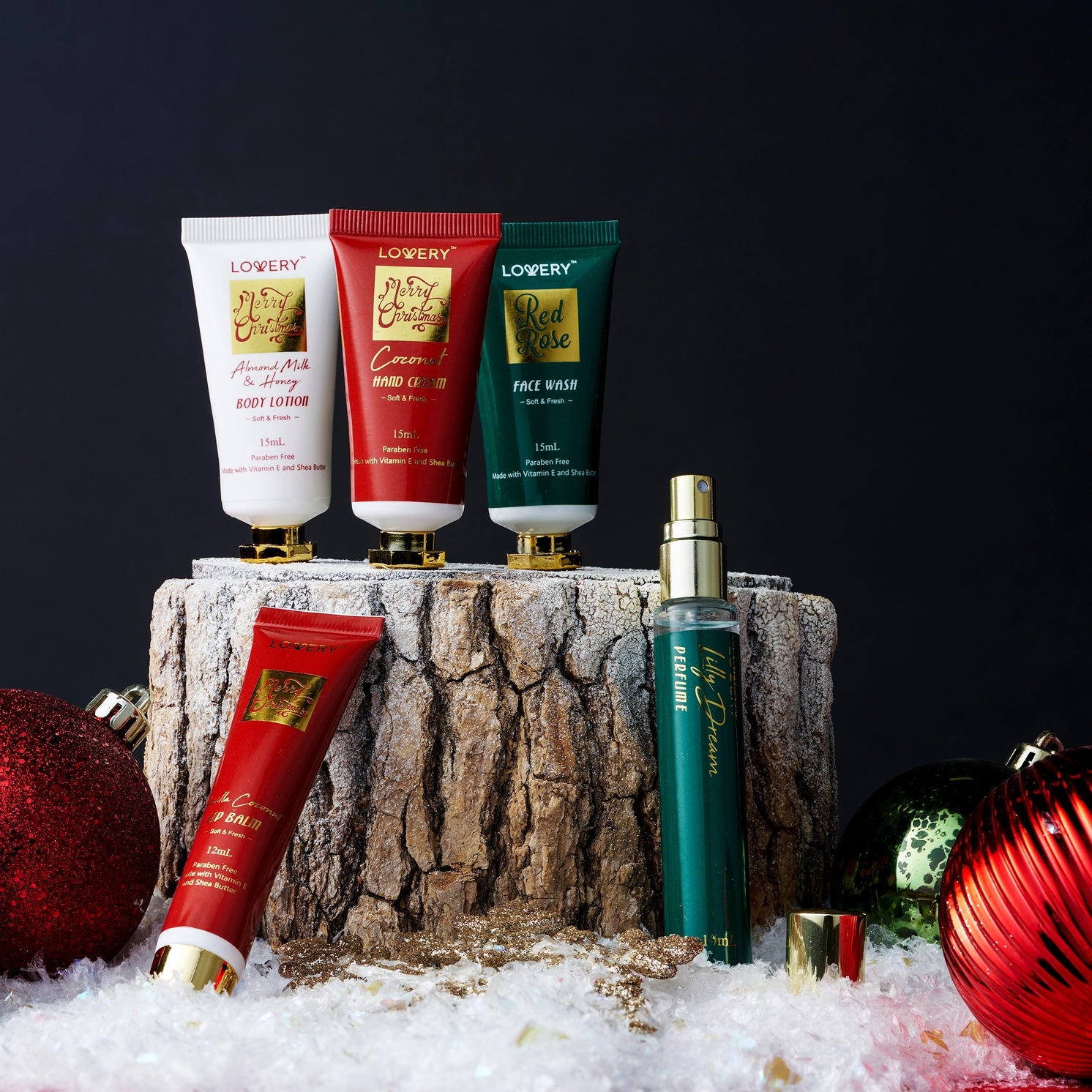A festive arrangement of the Christmas Countdown 2025 Limited Edition Advent Calendar from LOVERY, showcasing its variety of products for self-care and pampering.