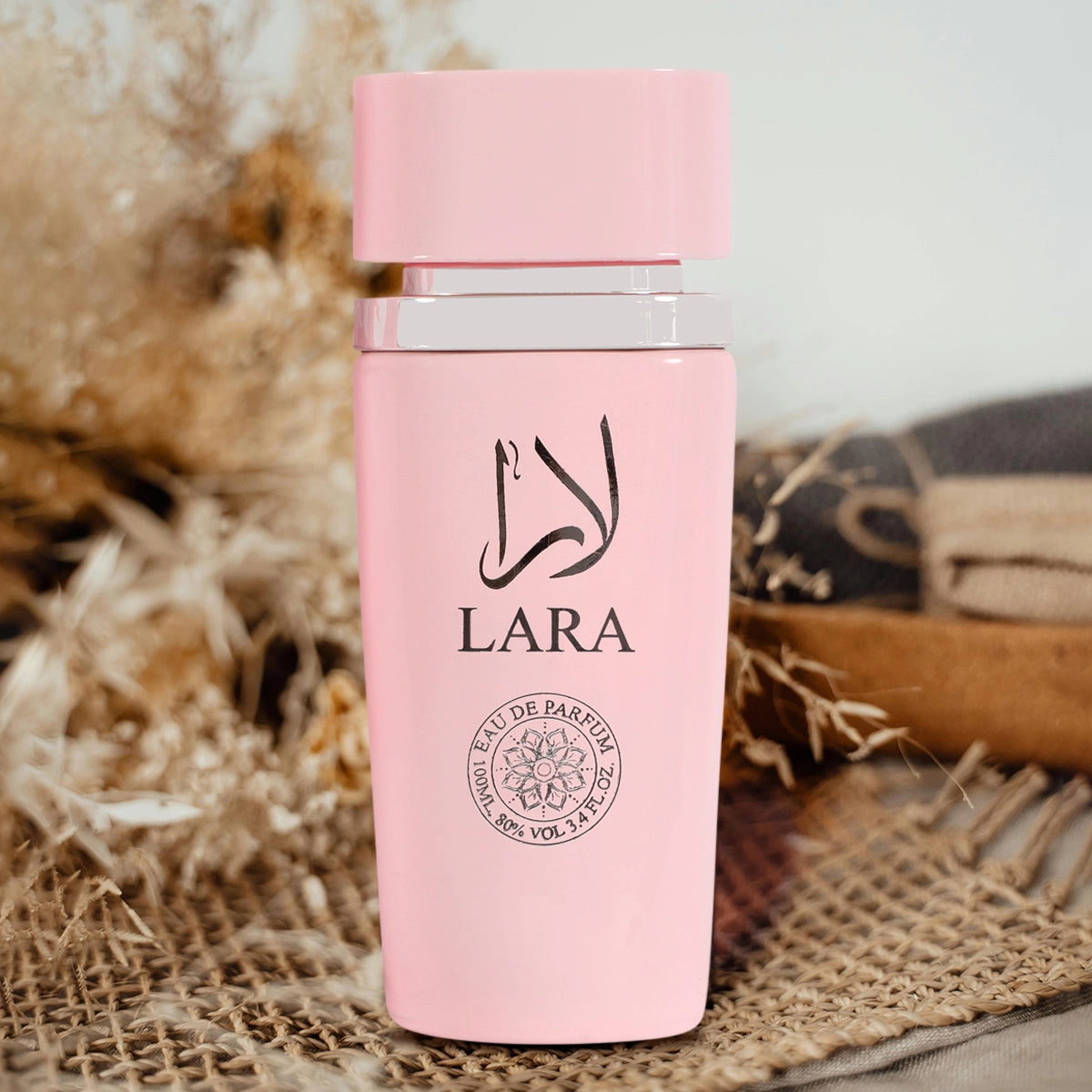 Close-up of Lara Pink Spray Perfume Eau De Parfum for Women, capturing the essence of luxury and femininity.
