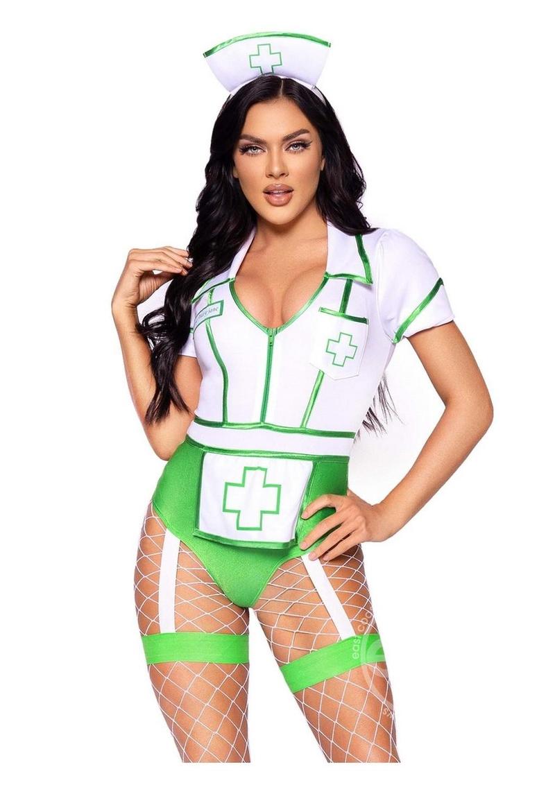 Leg Avenue Nurse Feelgood Snap Crotch Garter Bodysuit with Attached Apron and Hat Headband (2 Piece) LEG AVENUE
