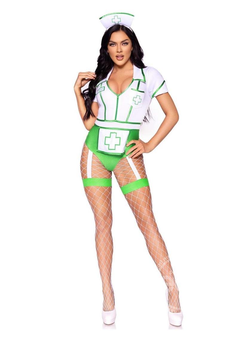 Leg Avenue Nurse Feelgood Snap Crotch Garter Bodysuit with Attached Apron and Hat Headband (2 Piece) LEG AVENUE