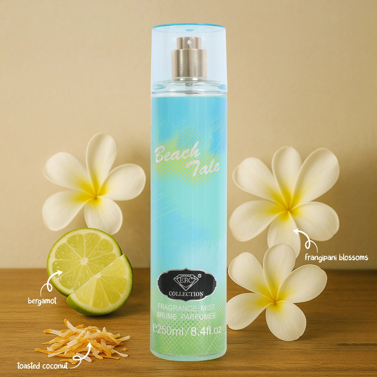 Elegant presentation of Beach Tale Spray Perfume for Women against a beachy backdrop, embodying the essence of summer.