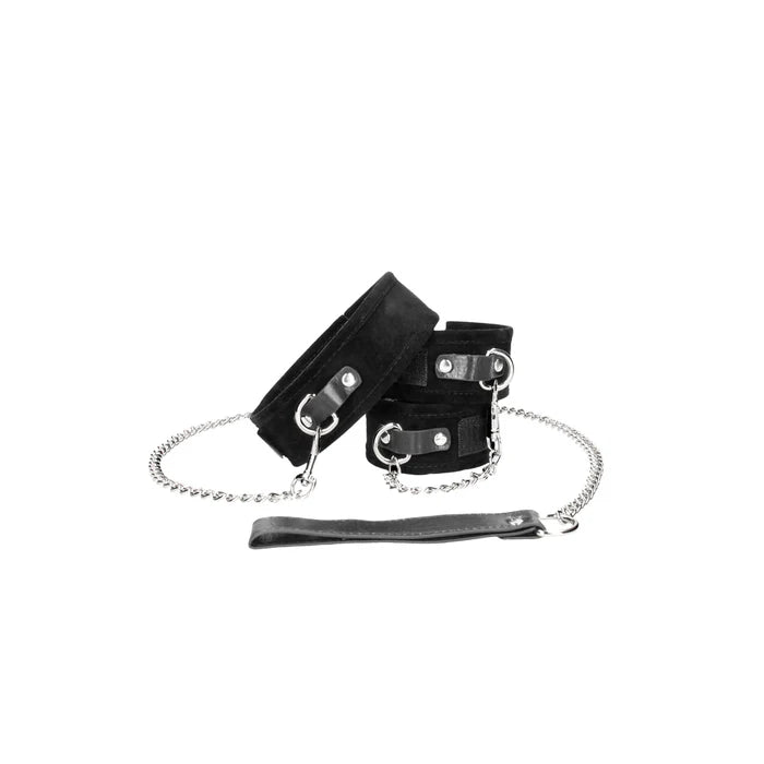 Ouch! Black & White Adjustable Velcro Collar With Leash & Wrist Cuffs Black