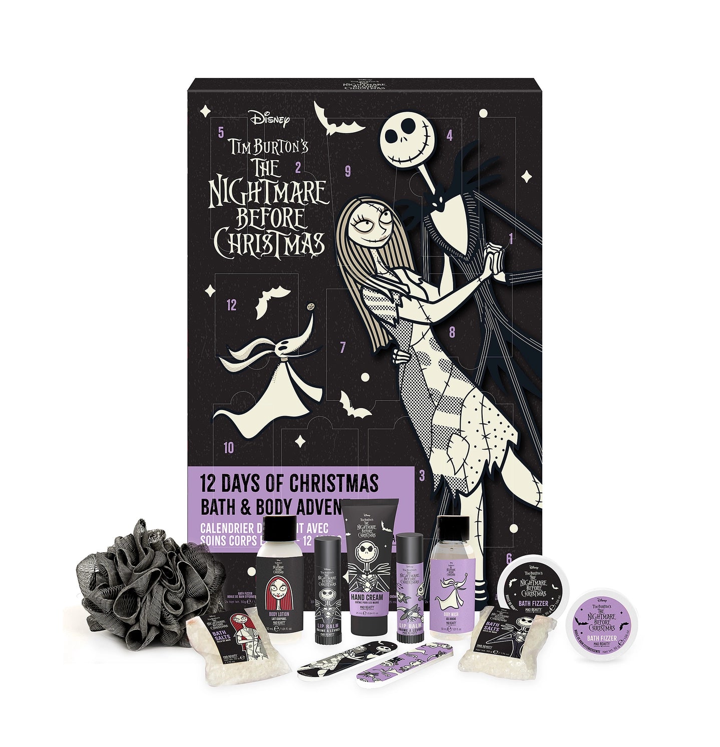 Advent Calendar Nightmare Before Christmas featuring 12 days of bath and body essentials, perfect for gifts during the festive season. Ideal advent calendar bath body set with vanilla and coconut fragrances.