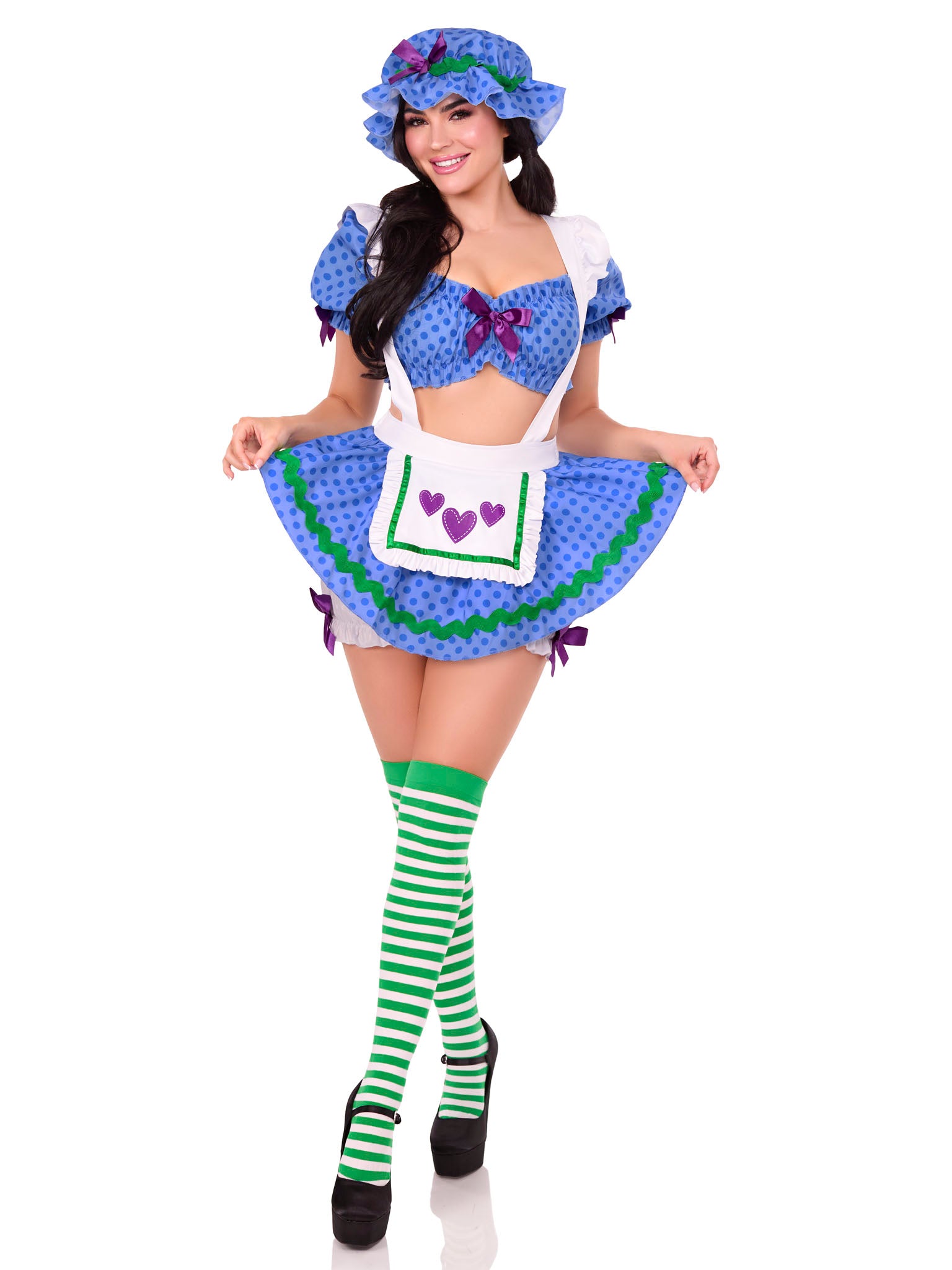 3 PC Blueberry Babe Costume featuring a playful polka-dot crop top, suspender skirt with attached bloomers, and a charming bonnet, perfect for costume parties and dress-up occasions.