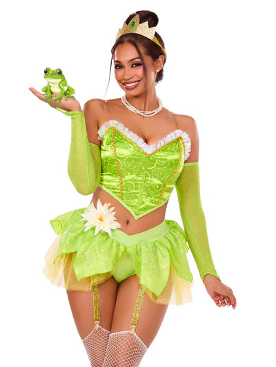 Stunning Bayou Babe Costume featuring a ruffle-trimmed bustier and petal-layered mini skirt, perfect for Halloween parties.