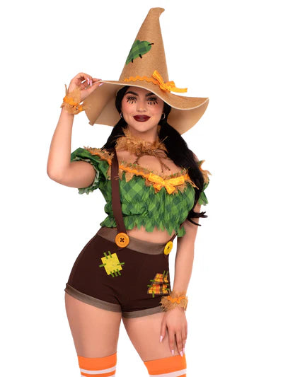Close-up of the playful details of the Scarecrow Sweetie Costume, a sexy scarecrow outfit with wrist cuffs, choker, and scarecrow hat.