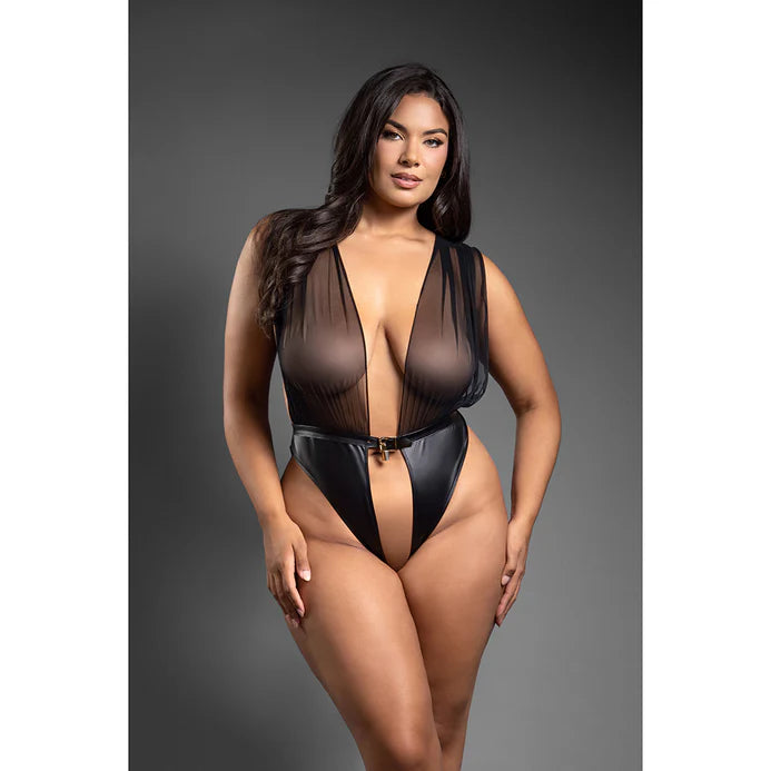 Fantasy Lingerie Domina Mesh Tie-Back Plunge Front Teddy with Buckle Waist and Lock & Key Detail FANTASY LINGERIE