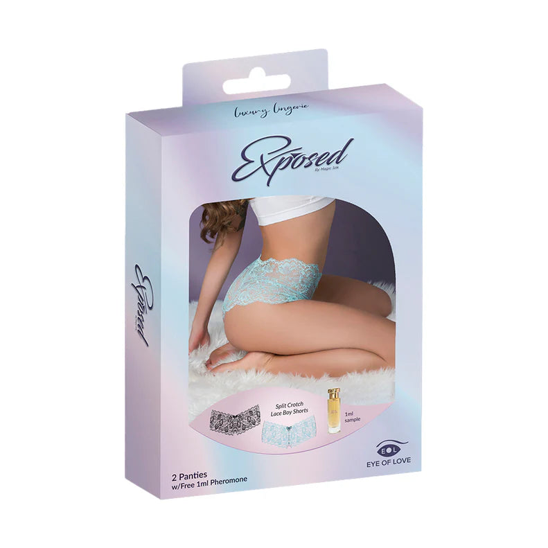Magic Silk Pheromone Panties Split Crotch Lace Boy Short 2-Pack Aqua/Black EXPOSED