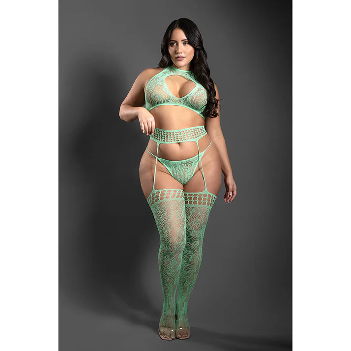 Fantasy Lingerie Sheer Heart Of Glass Lace Knit Halter Tie Top, G-String & Gartered Stockings Seaglass FANTASY LINGERIE