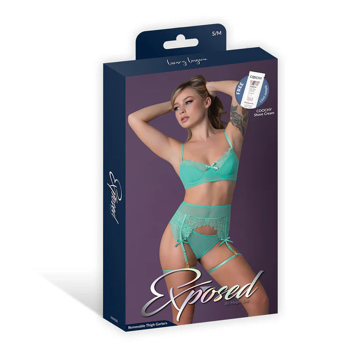 Magic Silk Caribbean Crush Demi Bra & Thong with Garter Set Aqua Glow EXPOSED