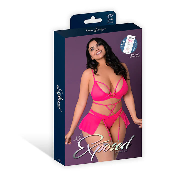 Magic Silk Pink Kink Bralette, High Leg Panty & Garter Skirt Set Pink Glow EXPOSED