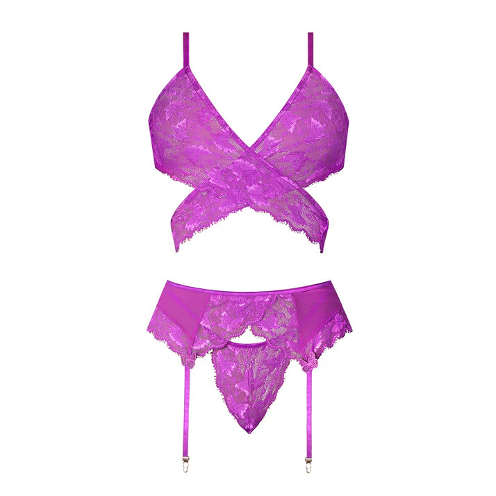 Magic Silk Butterfly Fantasies Bra, Garter & Thong Set Neon Purple EXPOSED