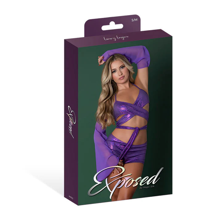 Magic Silk Glimmer Wrap Bralette, Booty Shorts & Sleeve Set Purple Disco EXPOSED