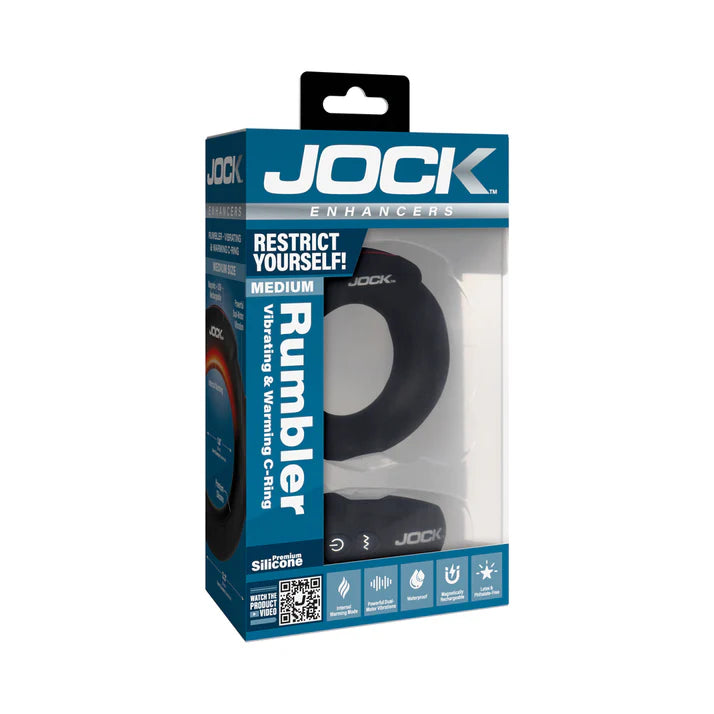 JOCK Rumbler 1.8 in. Vibrating & Warming C-Ring featuring a sleek design and made from body-safe silicone, perfect for enhanced pleasure and intimacy.