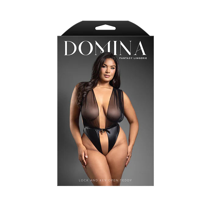 Fantasy Lingerie Domina Mesh Tie-Back Plunge Front Teddy with Buckle Waist and Lock & Key Detail FANTASY LINGERIE
