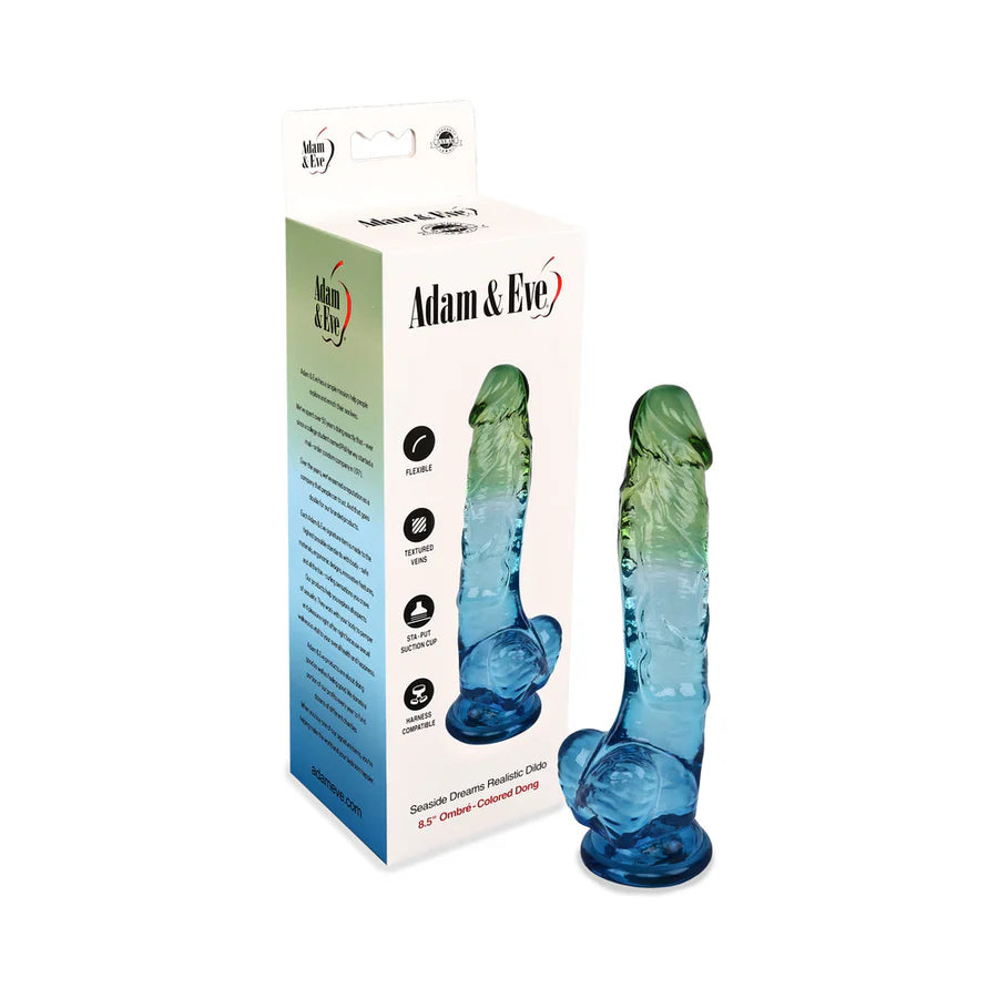 Various angles of the Adam & Eve Sunrise Dreams Realistic Dildo highlighting its lifelike textures and design; the ideal realistic dildo choice for pleasure.