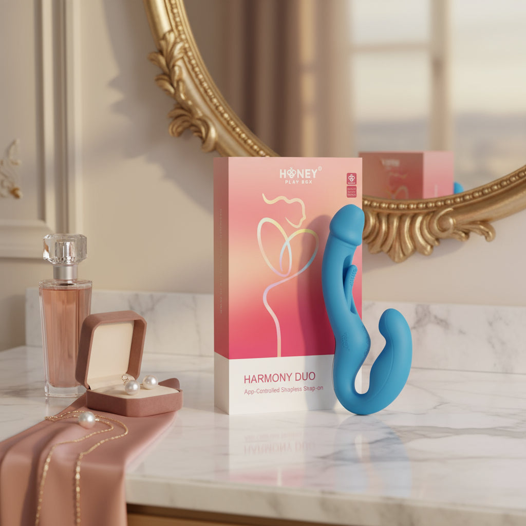 Harmony Duo App-Controlled Strapless Strap-on showcasing its innovative design for adventurous couples seeking dual stimulation and unforgettable pleasure.