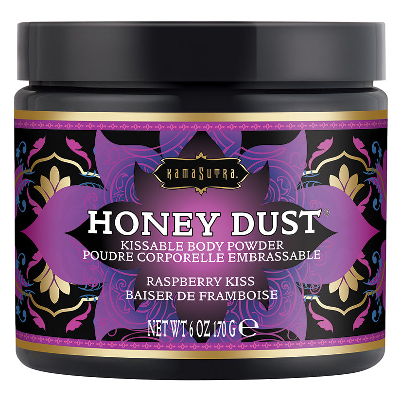 Close-up of Kama Sutra Honey Dust-Raspberry Kiss, showcasing its soft and silky texture, ideal for moisturizing and scenting your skin.