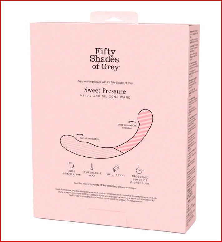 Fifty Shades of Grey Sweet Pressure Silicone & Metal Wand displayed with stylish Fifty Shades storage bag, perfect for exciting intimate adventures.