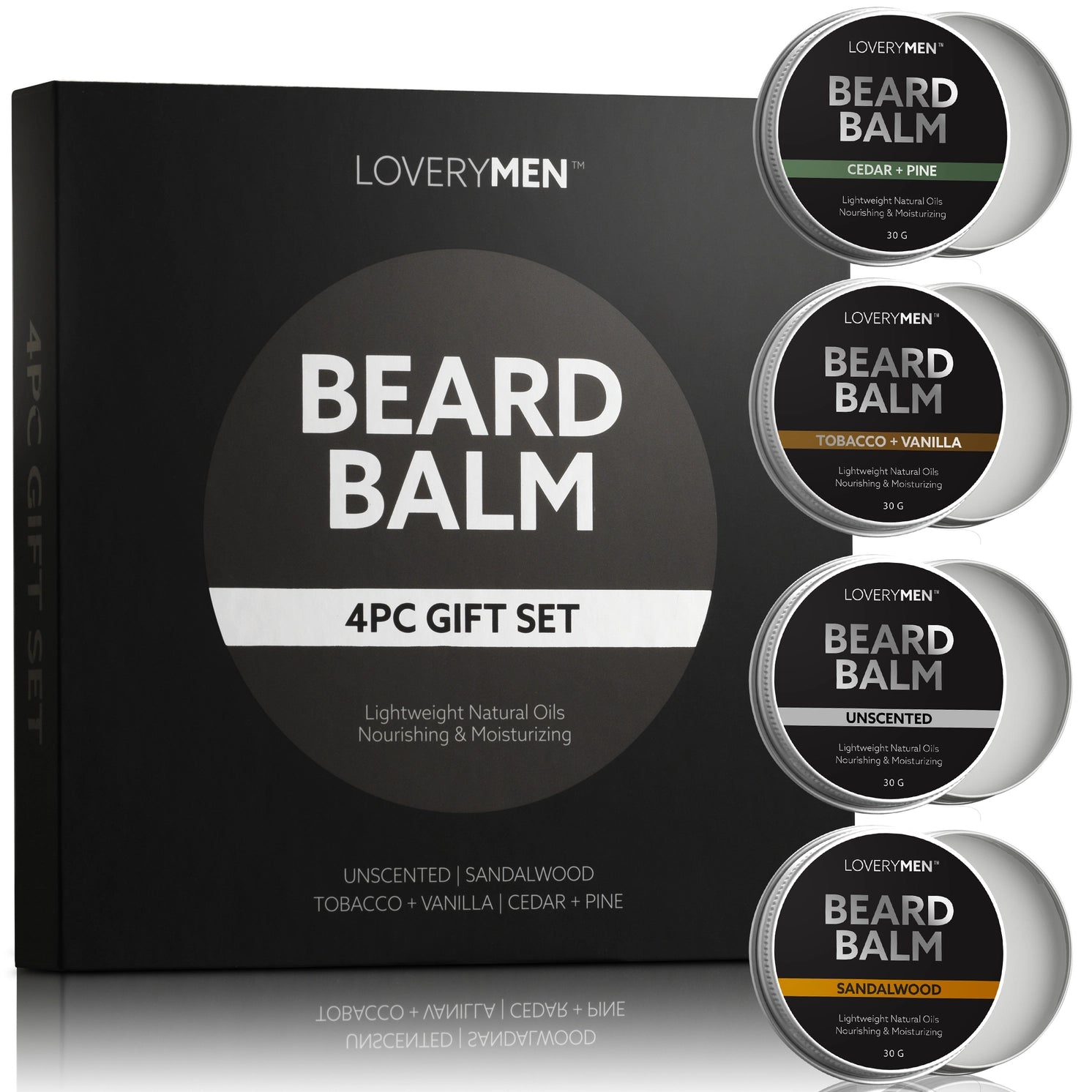 4-Pack Gift Set - Premium Grooming Gift featuring four unique beard balms in Unscented, Sandalwood, Tobacco + Vanilla, and Cedar + Pine fragrances, perfect for a grooming gift set.