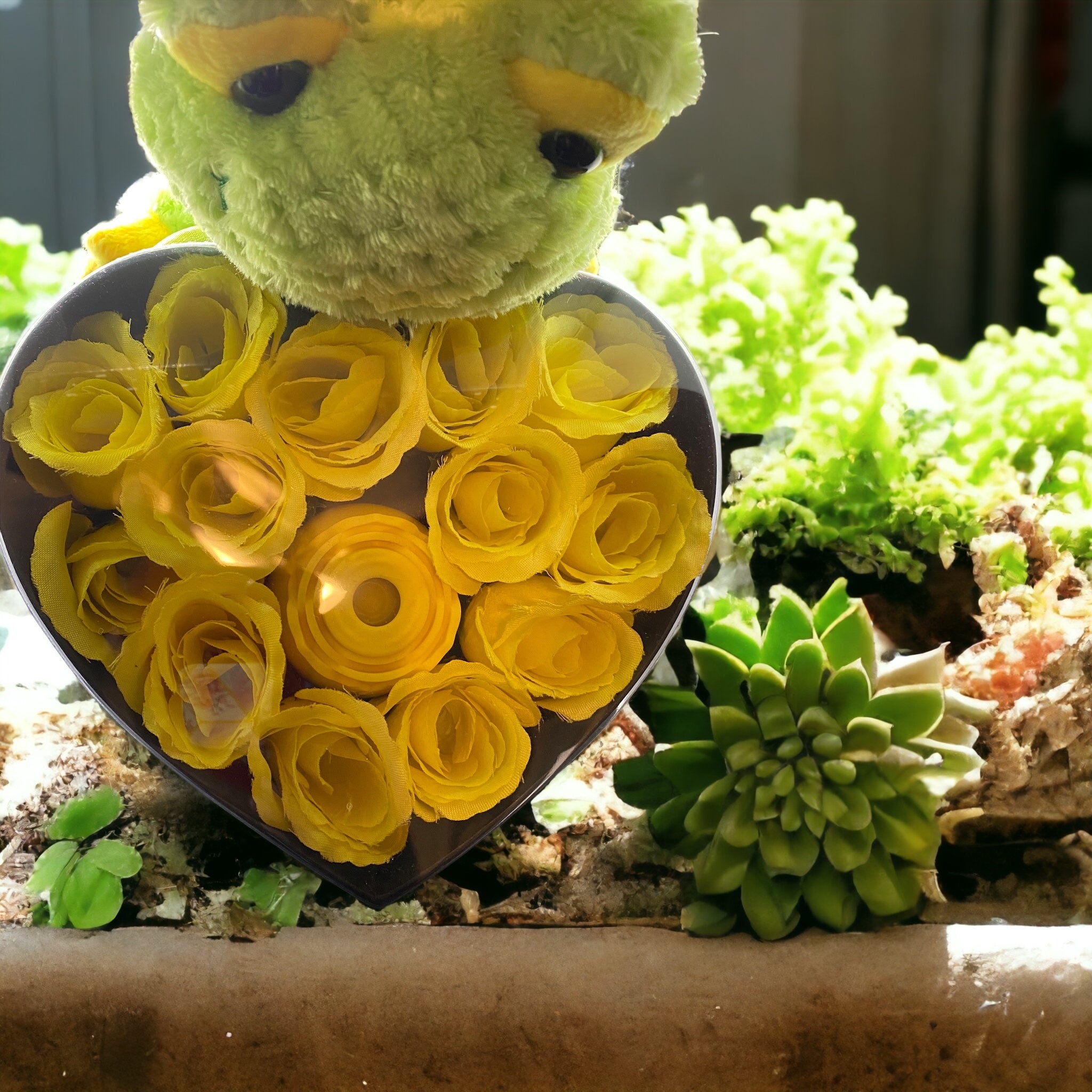 Golden Secret Rose Heart gift box with yellow rose stimulator surrounded by artificial yellow roses