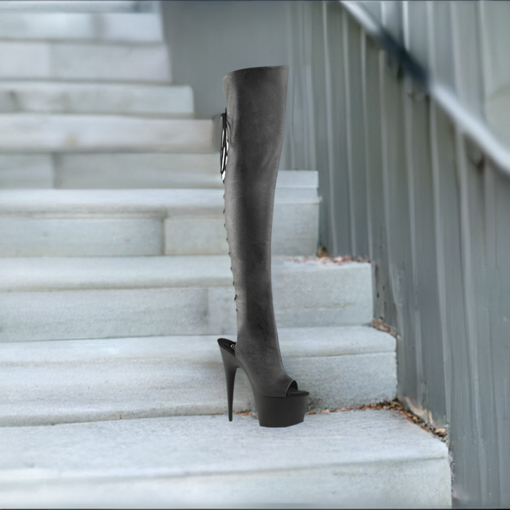 Adore 7" Stiletto Heel Open Toe Knee High Boots with Side Zip by Pleaser - Fashionable Faux Leather - SP BOUTIQUE