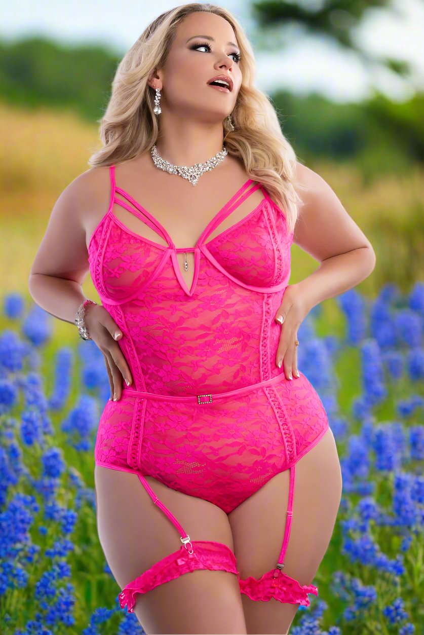 GW-2pc Sheer Lace Teddy With Snap Crotch & Garters G-WORLD