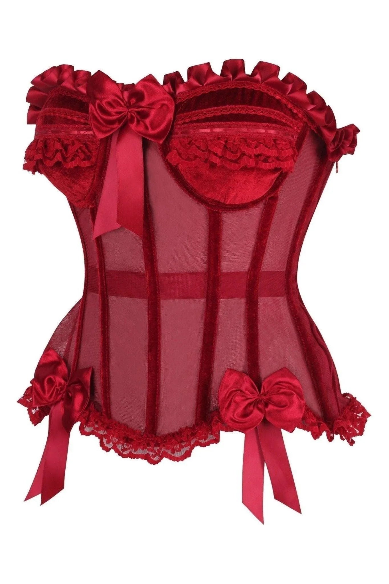 Detailed view of Top Drawer Steel Boned Dark Red Mesh & Velvet Underwire Bustier Corset highlighting the supportive underwire padded cups and ruffle trim.