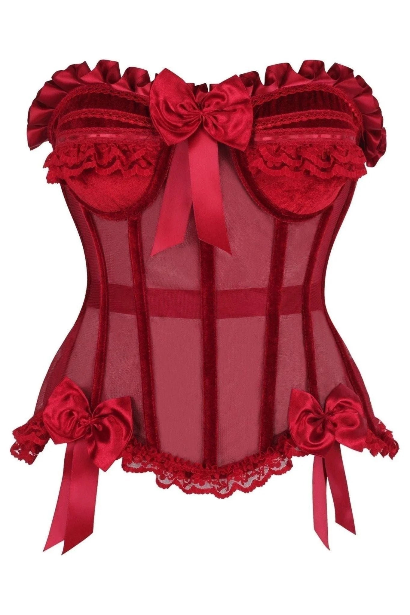 Top Drawer Steel Boned Dark Red Mesh & Velvet Underwire Bustier Corset showcasing its elegant design and luxurious materials.