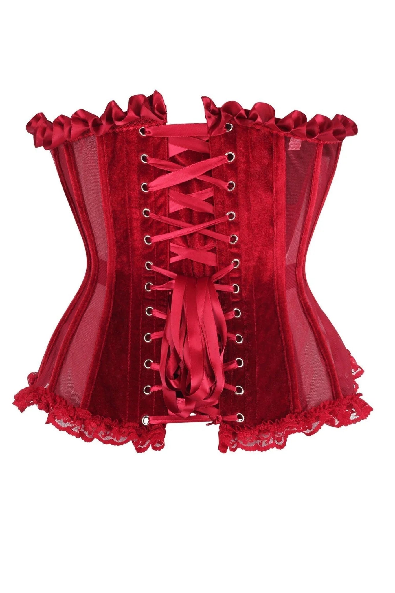 Back view of Top Drawer Steel Boned Dark Red Mesh & Velvet Underwire Bustier Corset featuring adjustable lace-up detail for a customizable fit.