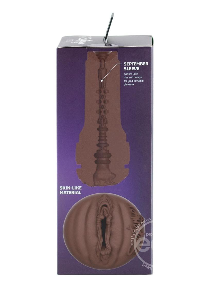 Close-up view of Kiiroo Feel September Reign Black Stroker Interactive Masturbator - Pussy - Black/Chocolate detailing the intricate textures for enhanced pleasure.