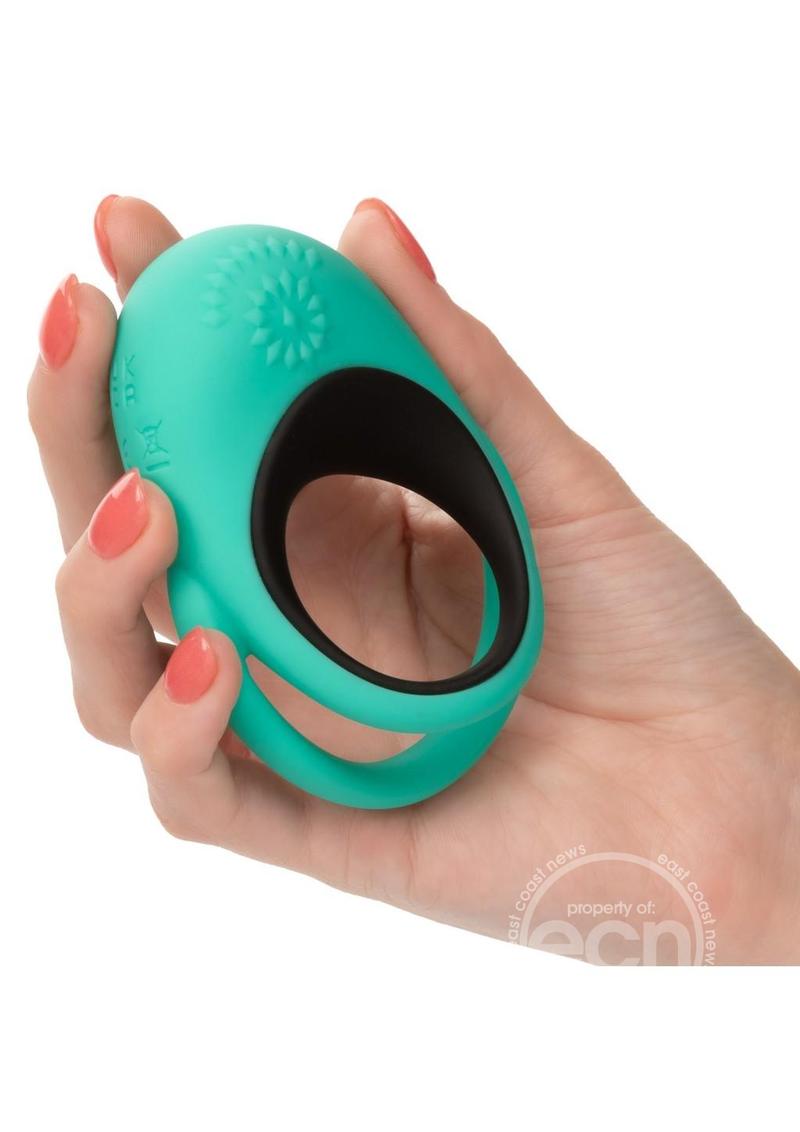 Link Up Remote Alpha Rechargeable Silicone Dual Stimulating Cock Ring with Remote Control - Green/Black - SP BOUTIQUE
