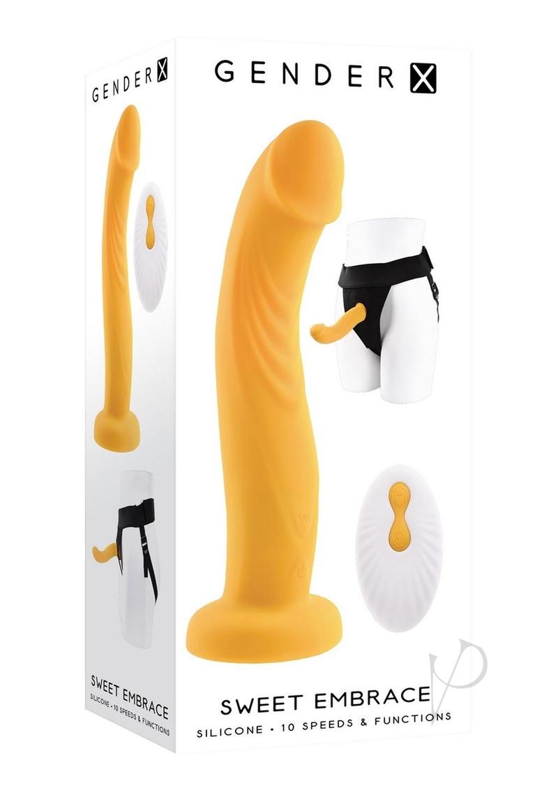 Gender X Sweet Embrace Rechargeable Silicone Dual Vibrating Strap-On with Remote Control - Yellow/Black - SP BOUTIQUE