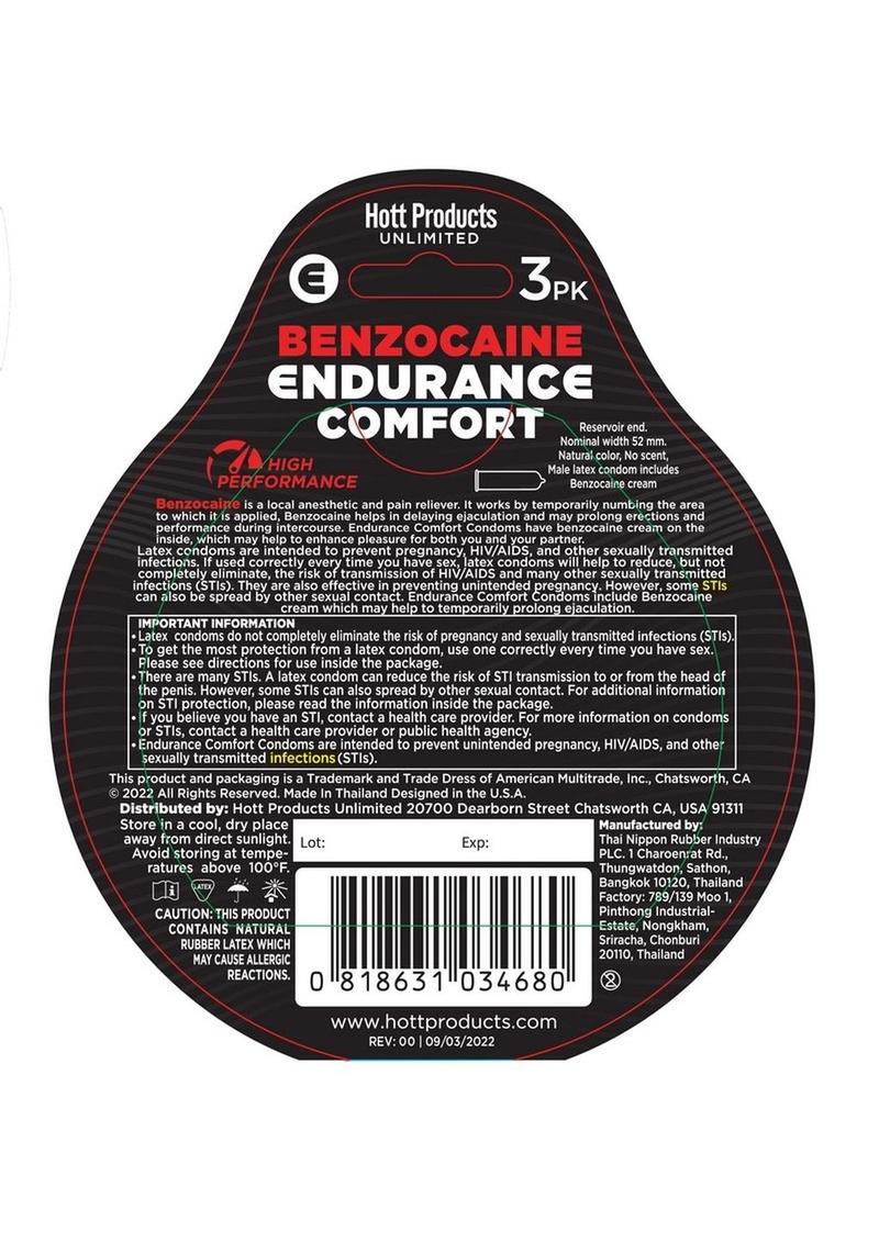 Endurance Comfort Benzocaine Condoms 3Pk HOTT PRODUCTS