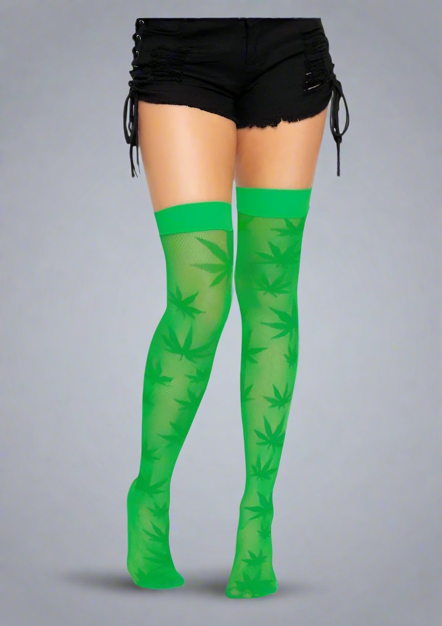 420 Net Thigh Highs with Unique Pot Leaf Design - Vibrant Green Style Statement - SP BOUTIQUE
