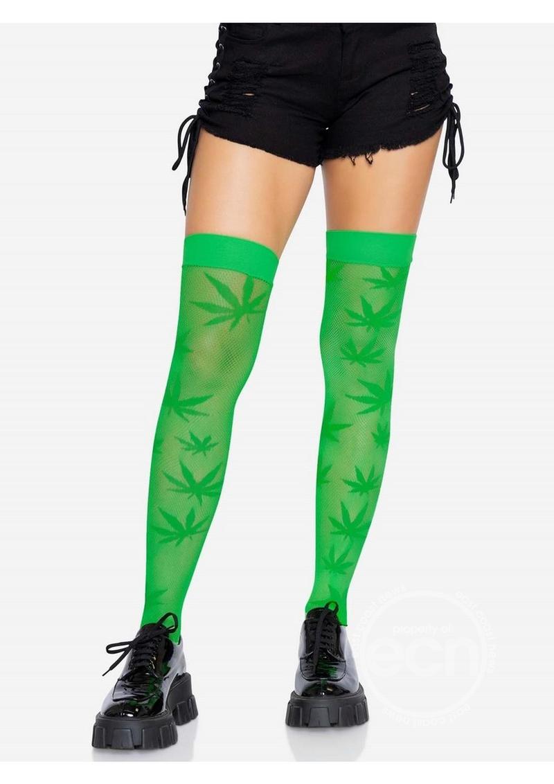 420 Net Thigh Highs with Unique Pot Leaf Design - Vibrant Green Style Statement - SP BOUTIQUE