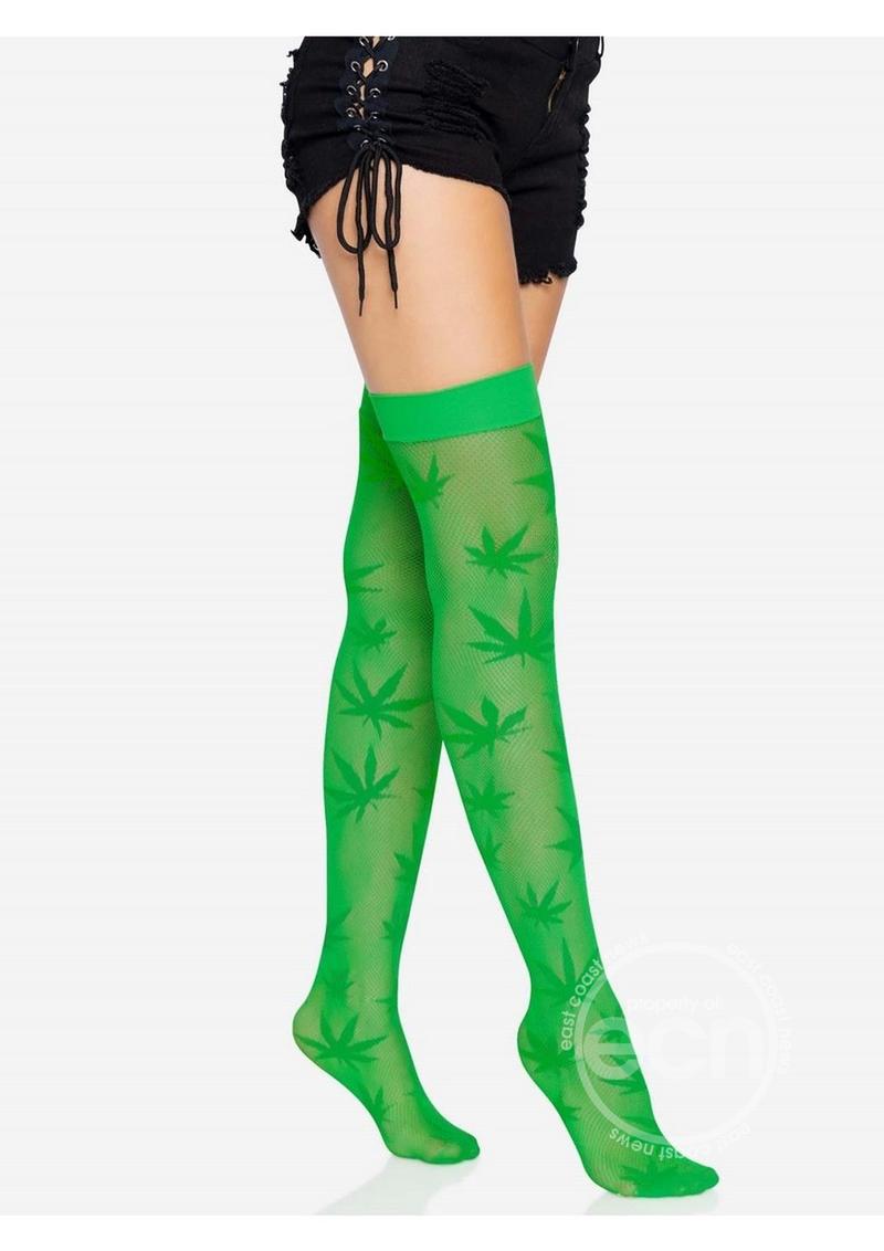 420 Net Thigh Highs with Unique Pot Leaf Design - Vibrant Green Style Statement - SP BOUTIQUE