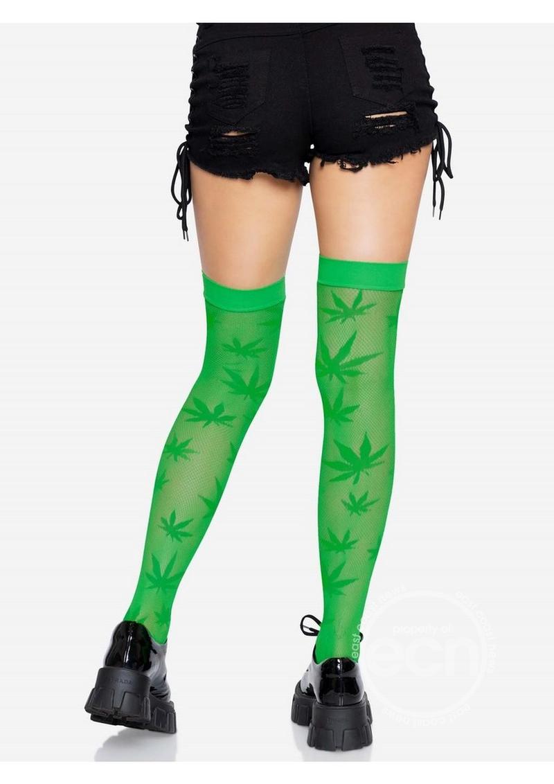 420 Net Thigh Highs with Unique Pot Leaf Design - Vibrant Green Style Statement - SP BOUTIQUE