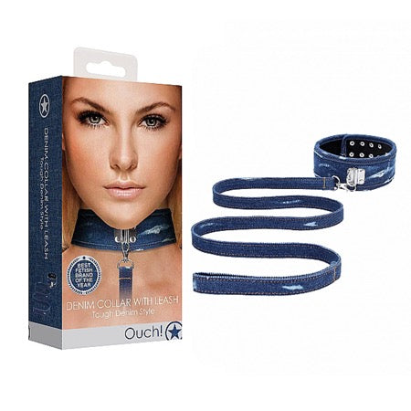 Ouch! Denim Collar - With Leash - Roughened Denim Style - SP BOUTIQUE