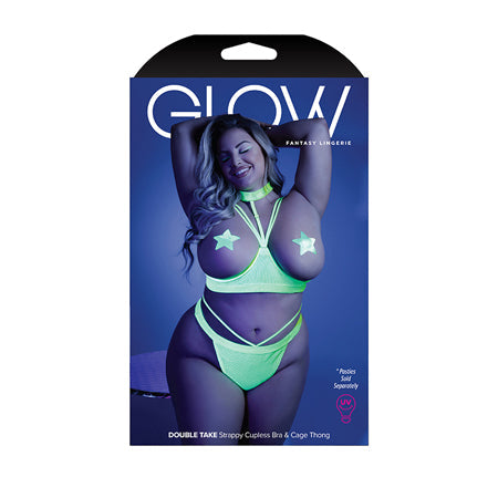 Glow Double Take Strappy Harness Open-Shelf Bra & Cage Thong Neon Lemon QS - SP BOUTIQUE