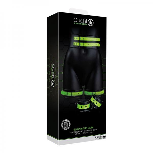 Ouch! Glow Thigh Cuffs, Hand Cuffs & Belt - Glow In The Dark - Green - SP BOUTIQUE