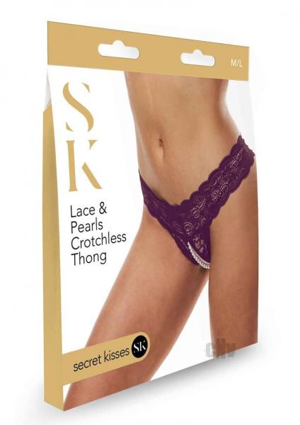 Secret Kisses Lace & Pearl Crotchless Thong - Purple - SP BOUTIQUE