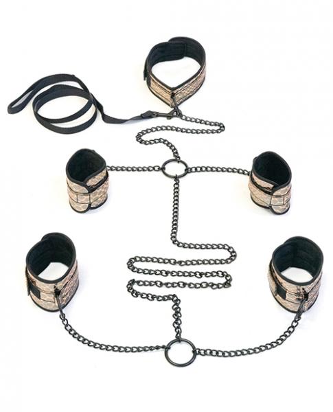 Faux Leather Collar, Wrist, Ankle Restraints & Leash Bondage Kit Gold - SP BOUTIQUE