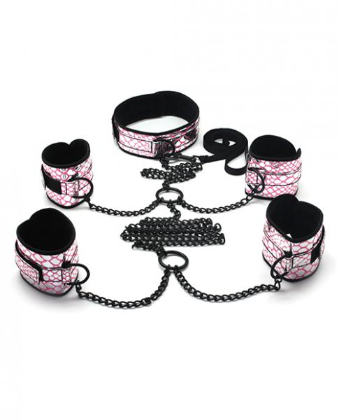 Spartacus Faux Leather Collar To Wrist & Ankle Restraints Bondage Kit W/leash - Pink - SP BOUTIQUE