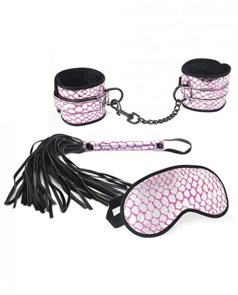 Spartacus Faux Leather Wrist Restraints Blindfold & Flogger Bondage Kit - Pink SEXTOYCLUB